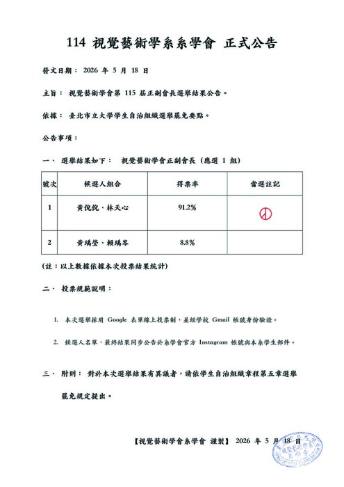 視覺藝術學會第 115 屆正副會長選舉結果圖片