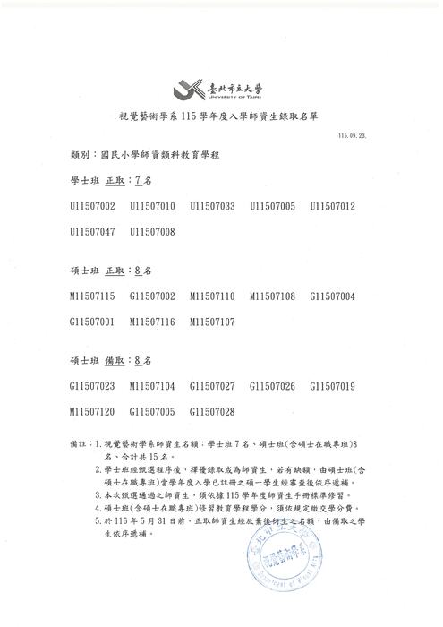 視覺藝術學系115學年度入學師資生榜單圖片