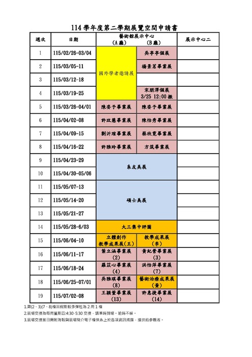 【展覽】【視覺藝術學系】 114-2學期藝術館展示中心檔期表圖片